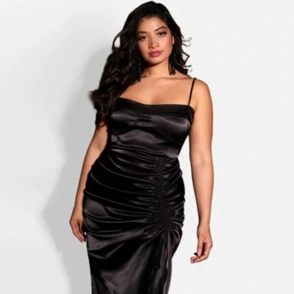 Rebdolls Black Satin Mina Ruched Tie Front Midi Dress Cocktail Sleeveless 3X - Picture 9 of 9